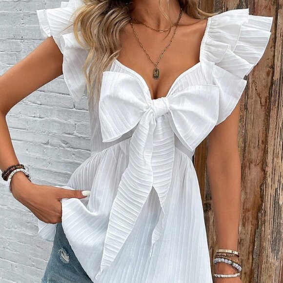 Tops - Women's Fashion Solid Color Bowknot Decorated Batwing Sleeve Blouse